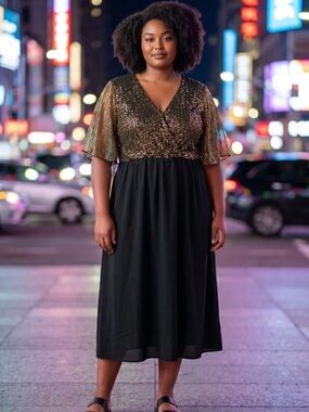 BloomChic NWT Black Midi Dress with Gold Sequin Wrap Bodice 14/16